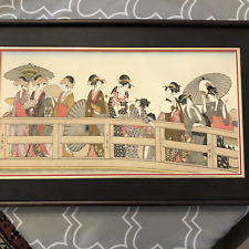 Kitagawa Utamaro Ryogoku Bridge Women Children Top Framed with Signature 22x13