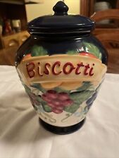 Vintage Nonni Biscotti Cookie Jar Lid Hand Painted Cobalt Blue Fruit Design 9x6 picture
