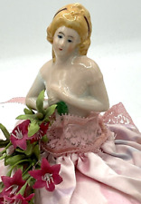 Vintage 6” Porcelain Half Doll Pin Cushion Hand Painted Pink Dress Faux Flowers picture