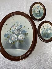 3 Vintage 18”x14” 8”x6” Frames Oval Picture Acrylic Painting Blue Flowers Pair picture
