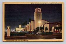 Postcard Union Station at Night Los Angeles California CA, Vintage Linen M9 picture