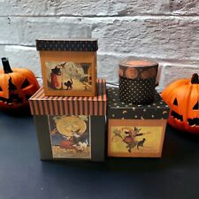 Orange & Black Witching Hour 4 pc Halloween Box Set Votive Holder Black Cat EUC picture