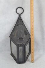 antique oil lantern lamp tin/glass tri corner carry handle 15.5 in. rare 18th  picture