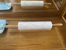 VINTAGE 18” MARBLE STONE ROLLING PIN 10” BARREL WITH WOOD CRADLE HEAVY DUTY picture