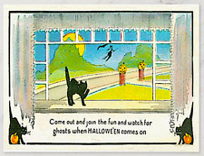 Halloween Antique Postcard - Black Cats, Witch on Broomstick, JOLs - UNUSED picture