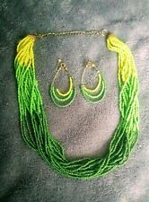 Vintage Multi Strand multicolor green necklace and earrings.  picture