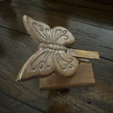 Vintage 1960s Wooden Butterfly Recipe Card Holder Clothespin Clip Stand Wood MCM picture