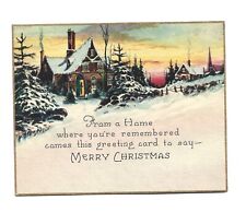Vtg Christmas Card Snowy Home Site Beautiful Sunset 1920's Flat w/ Orig Env 1929 picture