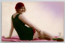 RPPC Flapper Bathing Beauty Laying On Towel Looking Over Shoulder Postcard B36 picture