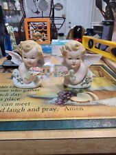 Set of 2 Vintage Lefton Porcelain Angel Cherub Heads with Flower Bouquets K1415 picture