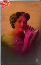 c1900s French Lady Postcard Victorian Antique Gold Metallic Gradient Posted picture