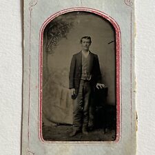 Antique Tintype Photograph Handsome Charming Man Dirt Boots Tree Backdrop picture