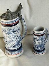 1981-1982 Avon Lidded Beer Stein & Mini Stein Mug Blue Airplane Wright Brothers picture