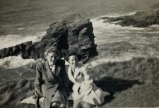 Two Women Sitting On Grass Above Rocky Coastline B&W Photograph 2.25 x 3.25 picture