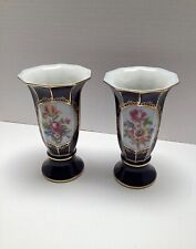 JLMENAU Graf Von Henneberg /Cobalt Blue W/ Gold Trim Floral Porcelain Vases  picture