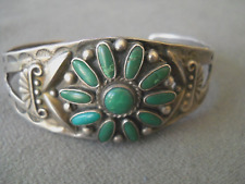 OLD Native American Dark Turquoise Flower Cluster Sterling Silver Cuff Bracelet picture