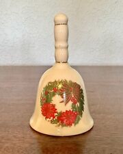 Christmas Bell White Red Gold Porcelain Wreath Poinsettias 4”x2.5” picture