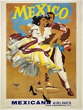 Original Vintage Poster MEXICO PAN AM Mexicana Airlines Airline Travel LINEN picture