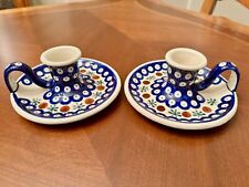 Vintage Boleslawiec Polish Pottery Hand Painted Candle Holder Pair Finger Handle picture