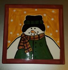 Hand Painted Glazed Christmas Snowman Tile Signed McDermott 1999 picture