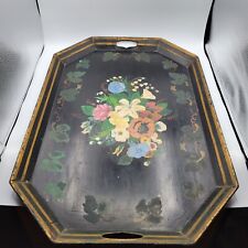 Antique 26x17 Octagonal Toleware Tray Hand painted Floral Design Two Handles picture