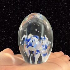 Vintage Egg Shaped Art Glass Paperweight With White Blue Flowers Small Bubbles picture