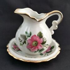 Vintage Enesco Mini Pitcher & Basin Porcelain With Pink Roses Made In Japan picture