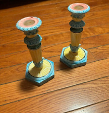 Pair of Haldon Group Candlestick Candle Holders  1988 Majolica Blue Yellow picture