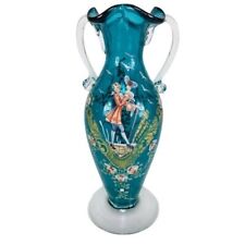 1900s Victorian Hand Painted Teal Gold Leaf Floral Blown Glass Ruffle Vase picture