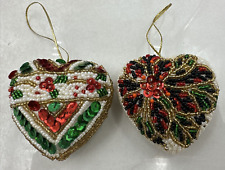 Vintage Hand Beaded Heart Christmas Ornament Sequined Ornate Lot of 2 picture