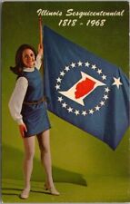 Vintage 1968 ILLINOIS SESQUICENTENNIAL Postcard Girl in Mini-Skirt w/ State Flag picture