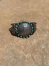 Native American Liberty Coin Cuff Bracelet w/ Turquoise Sterling Marked Unique picture