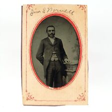Named Man Holding Pedestal Tintype c1870 Jim Norwell ID'd 1/9 Plate Photo A3843 picture