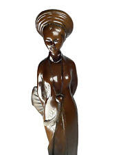 Figurine Statue Woman With Fan Hat Coat Greek Key Dark Brown Resin Asian 10” picture