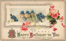 c1910 John Winsch Bluebirds Pink Red Flowers Happy Birthday P165 picture