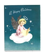 Vintage Christmas Card Angel Sitting on Cloud Pink Dress Singing Glitter picture