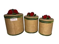 3 Vintage Decoware Canisters Metal Burlap Strawberries Felt Nesting Containers picture