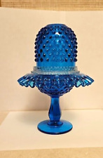 THREE PIECE FENTON COLONIAL BLUE HOBNAIL FAIRY LAMP LIGHT 9 INCHES HIGH picture