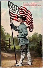 French Army Soldier in Battle Holding USA Flag Postcard picture