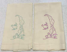 2 Vintage Embroidered Linen Fingertip Guest Towels Green & Purple Fish EXC picture