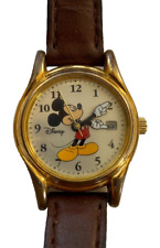 Disney Seiko Mickey Mouse Watch Vintage Gold Tone MC0076 Date Leather Band picture