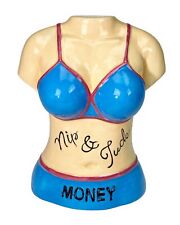 6.5” Nip & Tuck Money Coin Bank Ceramic Vtg Gag Gift Bust Blue Bikini picture