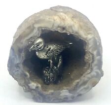 VTG Cut Glazed Geode Agate Stone W/Pewter Bird On Post Inside 2.25