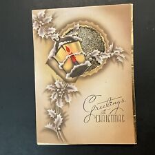 Vtg Christmas Greeting Card Beautiful Lantern 3 Ball Holly Berries Greetin picture