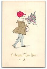 c1910's Happy New Year Boy Holding Flowers Bouquet Munk Antique Postcard picture