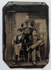ca. 1870 s BIZARRE VINTAGE TINTYPE PHOTO, THREE MEN in UNUSUAL POSE w STICK ? picture
