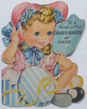 Vtg Hallmark Easter Card-CUTE GIRL LOOKS AT MIRROR,ADMIRES HER BONNET-1940's picture