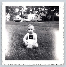 Infant Baby Boy Sitting In Grass, Vintage Automobiles, Antique Photograph, 1950s picture