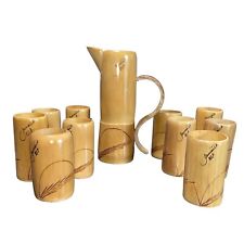 Bamboo Tiki Style Pitcher 8 Cups Tumblers Set Engraved Signed Jamaica Vintage picture