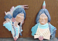 Pair Vintage Sexton Indian Native American Head Metal Wall Plaques Chief Papoose picture